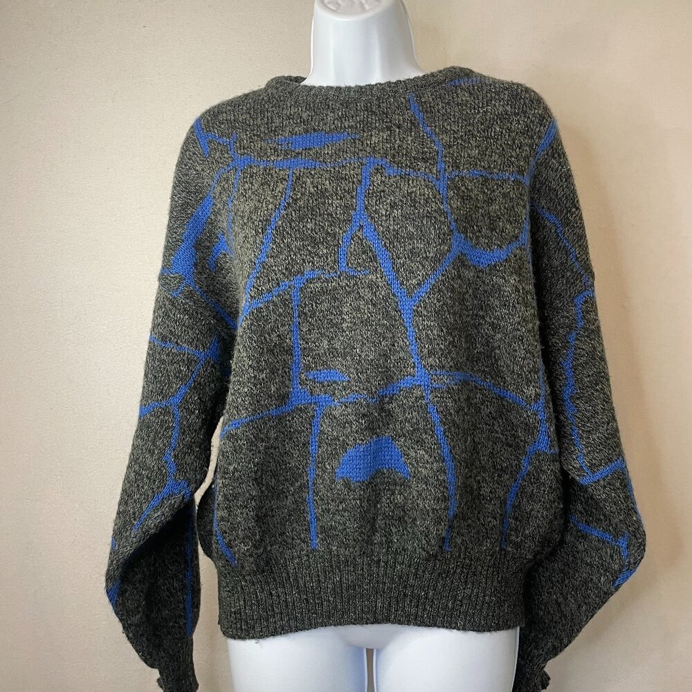 Vintage gray and blue Italian wool blend blousy sleeve, boxy oversized sweater